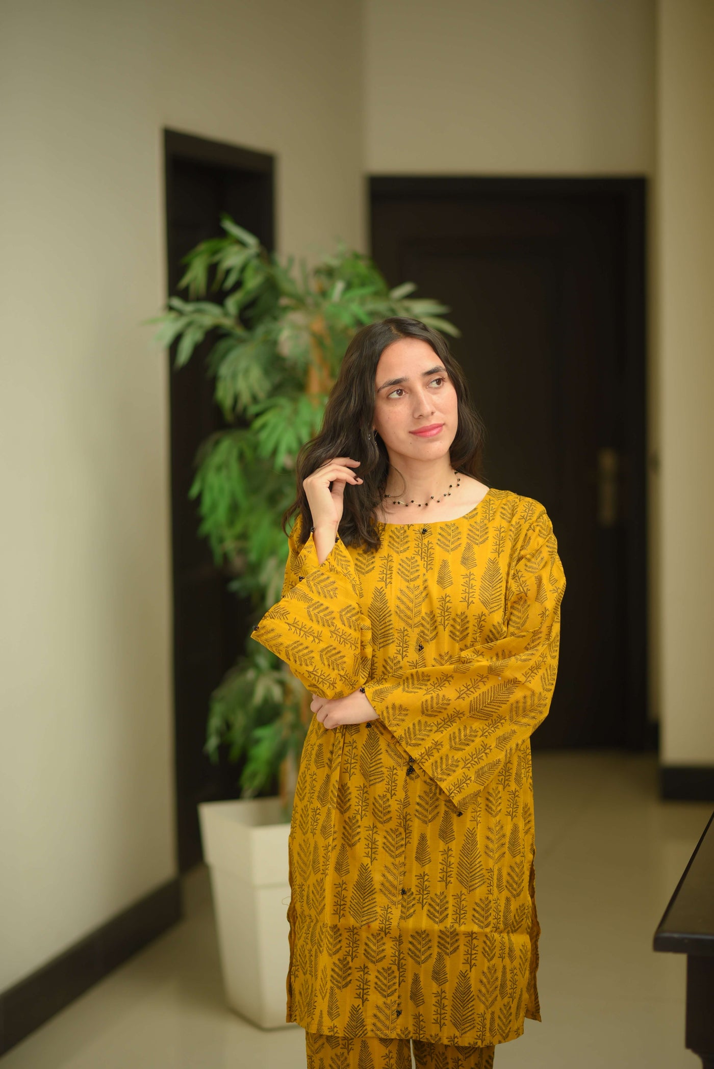 Mustard – Leaf Print Co-ord Set